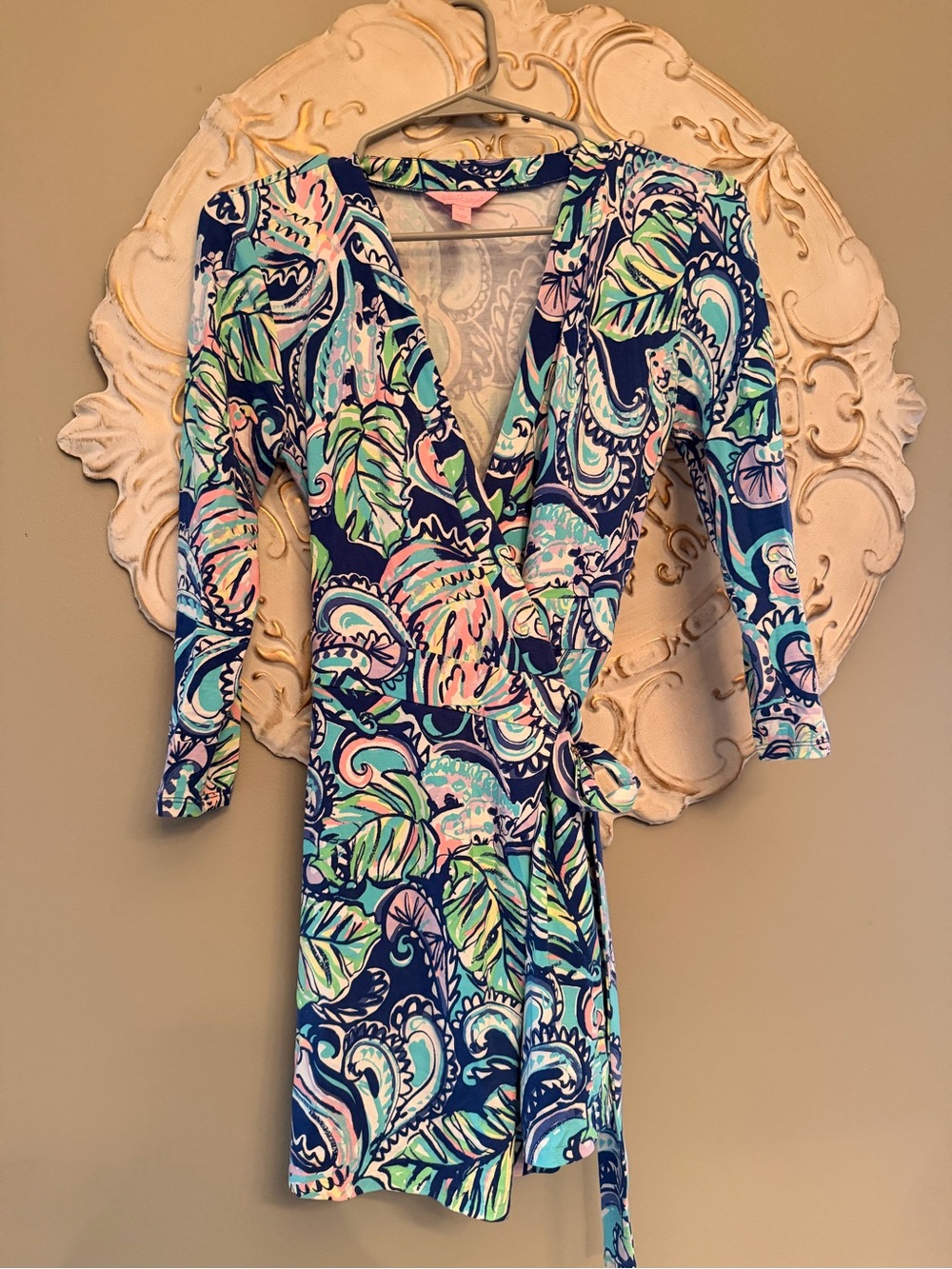 Lilly Pulitzer XS Blue Green Wrap Dress 3/4 Sleeve Jersey